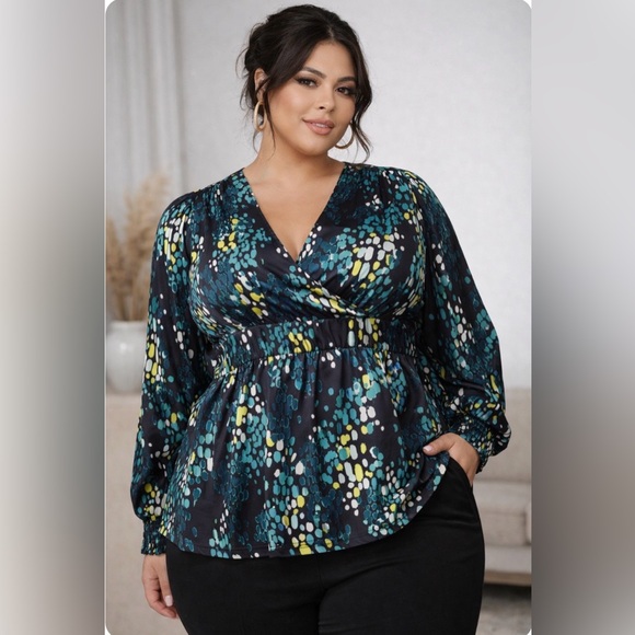 torrid Tops - Torrid Printed Peplum Blouse W/ Tie Back and Long Sleeves. P2P 27”, Size 2X
